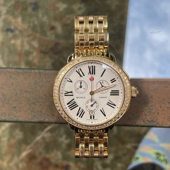 Michele Limited Edition Serein Gold Diamond Bezel Watch w/ Mother Of Pearl Dial - Picture 1 of 6